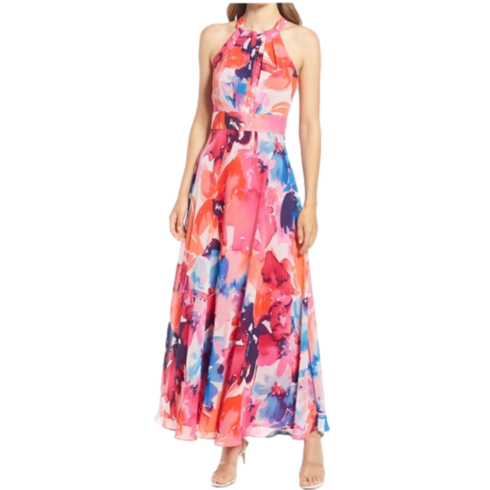 NWT Eliza J Size 2 Floral-Print Halter-Neck Maxi Dress